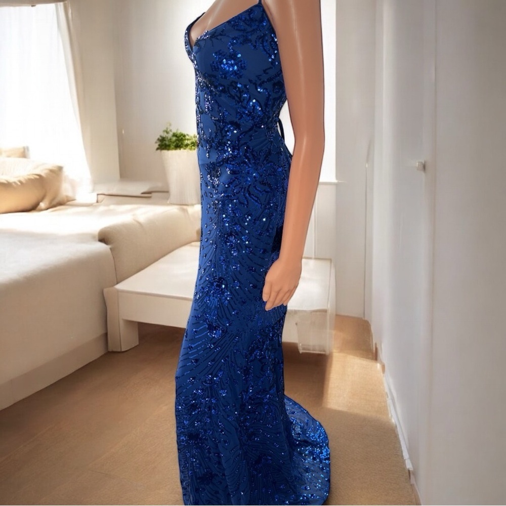Lulu's Cobalt Blue Sequin Photo Finish High-Low Maxi Dress Gown Size X-Large New - Picture 9 of 15